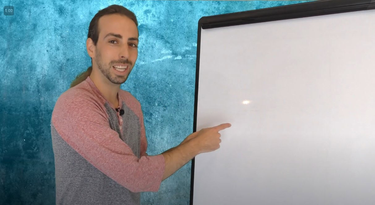 גבר מצביע על לוח לבן עם רקע כחול, מציג שיעור חינמי באונליין.